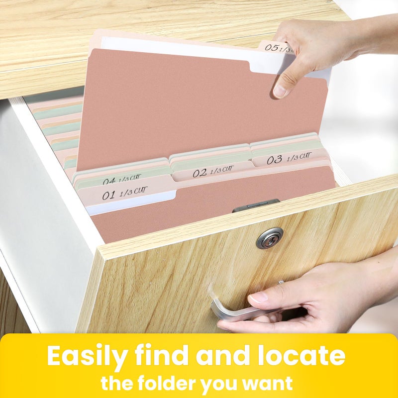 ساني مجلدات ملفات SUNEE، مقاس A4، ألوان باستيل، عبوة من 100 مجلد، مصنوعة من ورق مانيلا، مقاس 8.5 × 11 بوصة، مزودة بعلامات تبويب مقطوعة بمقدار 1/3، مجلدات ملفات ملونة للمكتب والمنزل والمدرسة لحفظ المستندات والملفات الورقية - Image 5